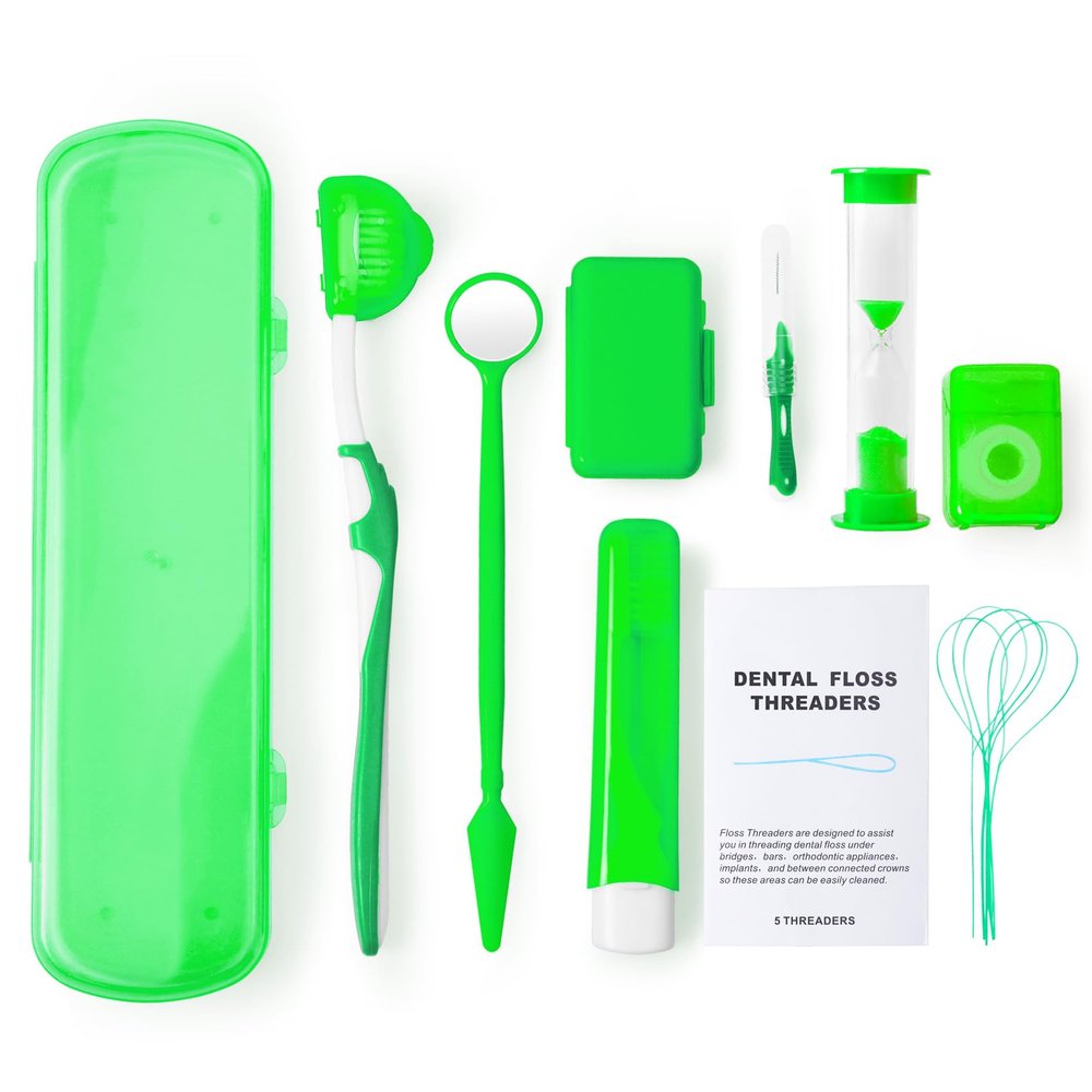 Annhua Braces Cleaning Kit 8 Pack, Orthodontic Travel Dental Care Set with Interdental Brushes, Brace Wax, Floss Threader, Oral Mirror & Timer - Portable for Teeth Aligners, Retainers - Green