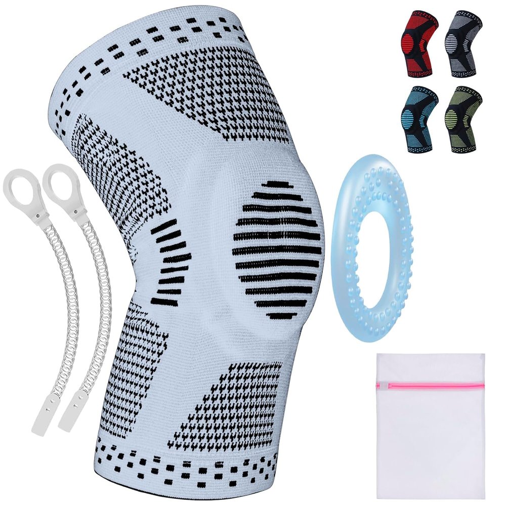 360 RELIEF - Compression Knee Brace with Gel Pads and Side Knee Stabilizers, Joint Support, Comfort, Active Recovery, Running, Workout Protection - X-Large, Grey + Laundry Bag