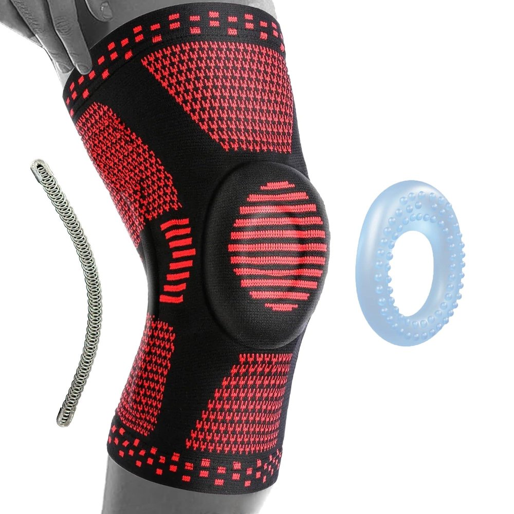 360 RELIEF - Compression Knee Brace with Gel Pads and Side Knee Stabilizers, Joint Support, Comfort, Active Recovery, Running, Workout Protection - Large, Red + Laundry Bag