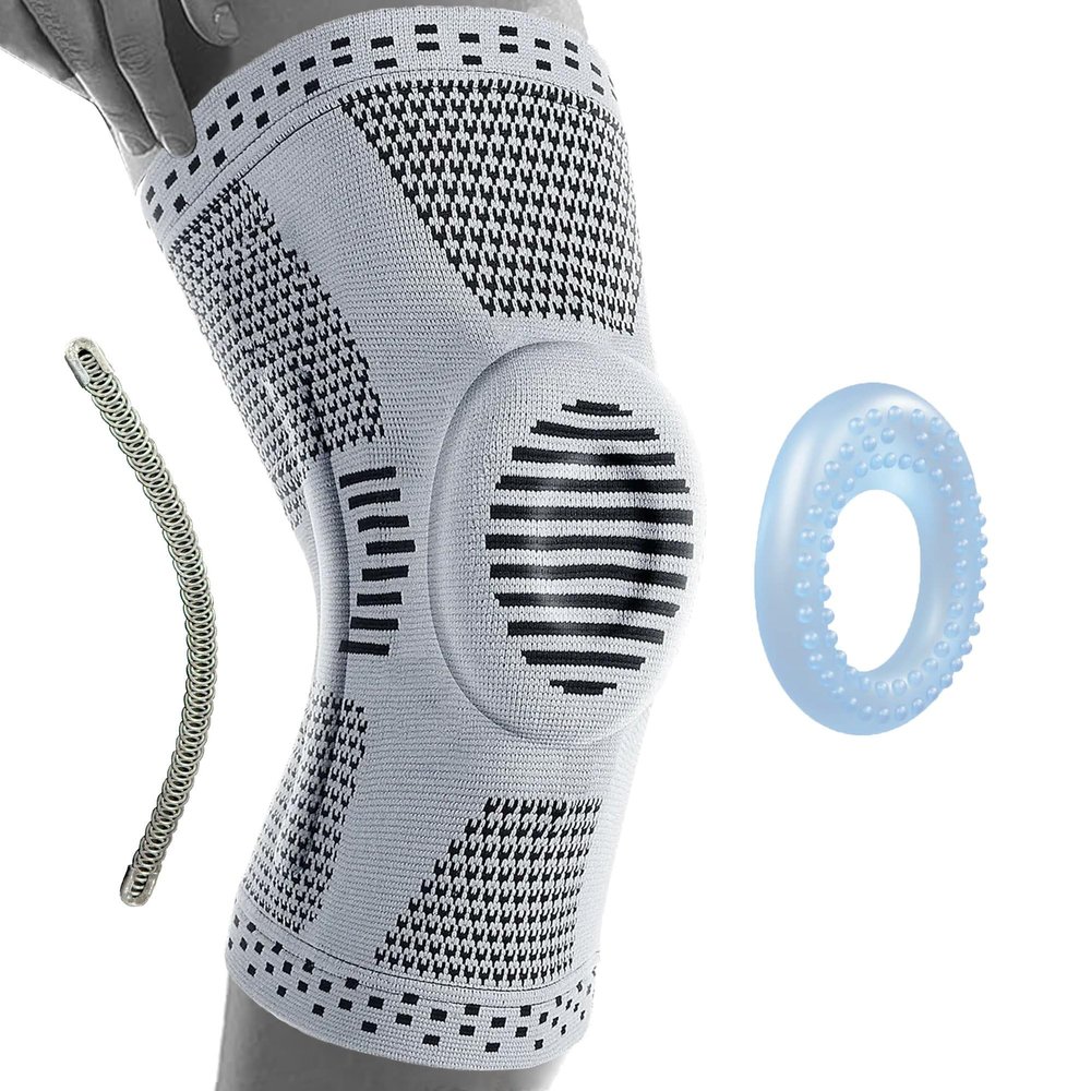 360 RELIEF - Compression Knee Brace with Gel Pads and Side Knee Stabilizers, Joint Support, Comfort, Active Recovery, Running, Workout Protection - Medium, Grey + Laundry Bag