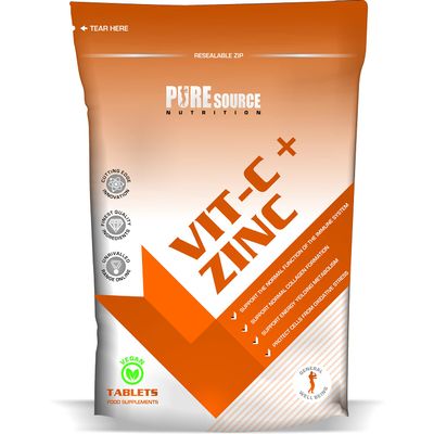 Pure Source Nutrition Vitamin C + Zinc Vegan Tablets Immune System Support High Strength with Ascorbic Acid - UK Made (90 Tablets)