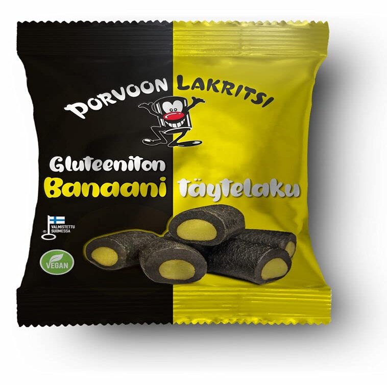 10 x 150g Porvoon Lakritsi with banana flavored filling liquorice glutenfree and vegan candy bags