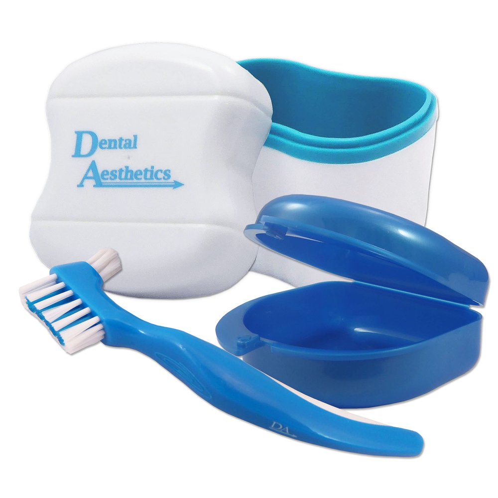 Dental Bath, Retainer Case and Brush ~ Storage Case and Container for Soaking and Cleaning Ortho Retainers (Blue Bath, Blue Case, Blue Brush)