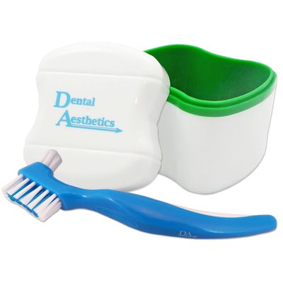 Denture Bath & Brush ~ Storage Container for Soaking Dentures, Brush with Double Bristle Head (Green Bath, Blue Brush)