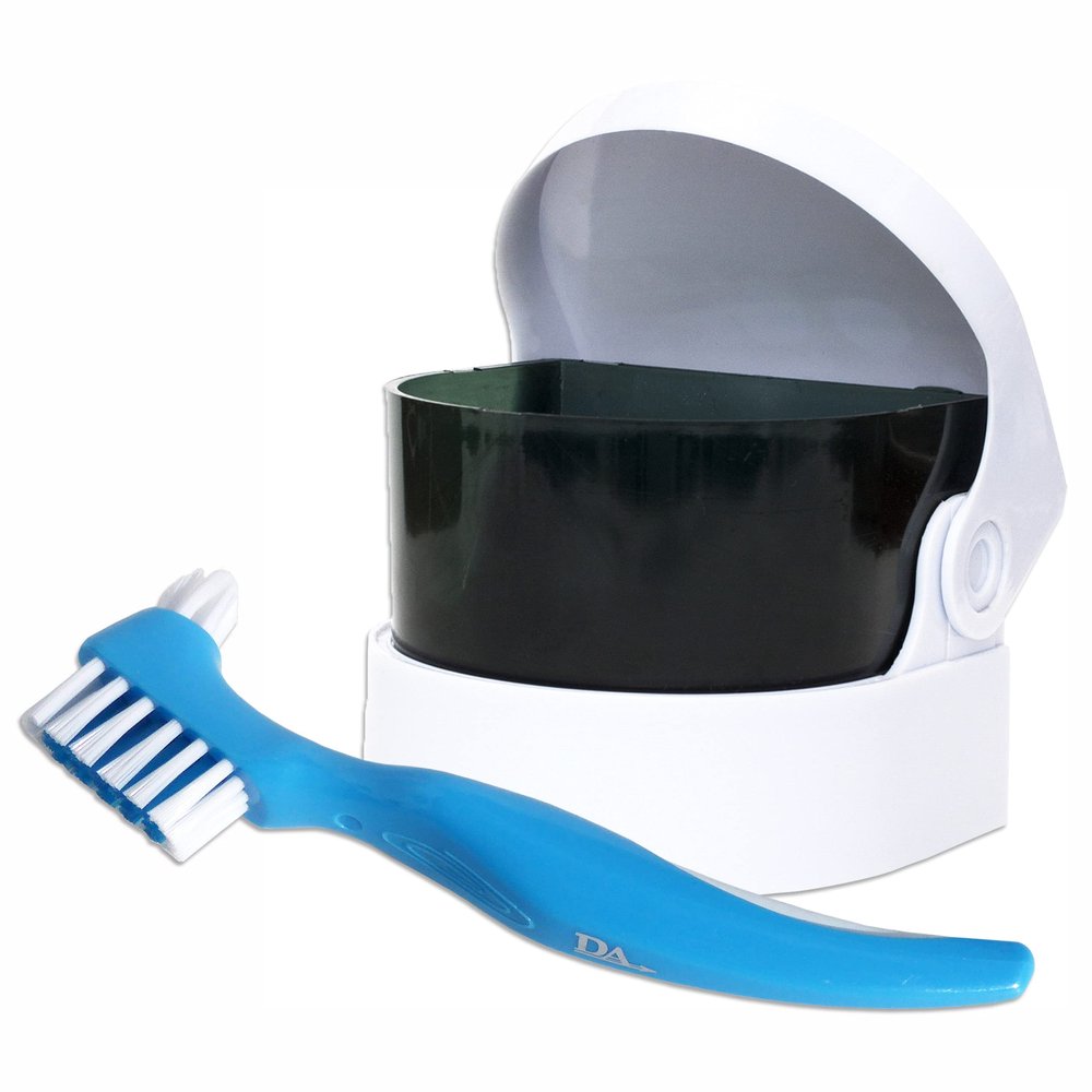 Sonic Cleaner and Brush ~ Storage Container for Soaking and Cleaning Ortho Retainers, Dentures and More (Blue Brush)