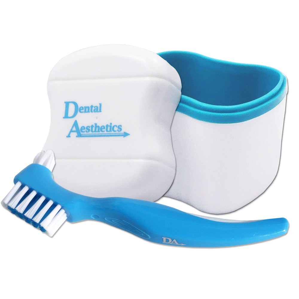 Denture Bath & Brush ~ Storage Container for Soaking Dentures, Brush with Double Bristle Head (Blue Bath, Blue Brush)