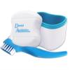 Denture Bath & Brush ~ Storage Container for Soaking Dentures, Brush with Double Bristle Head (Blue Bath, Blue Brush) view 1
