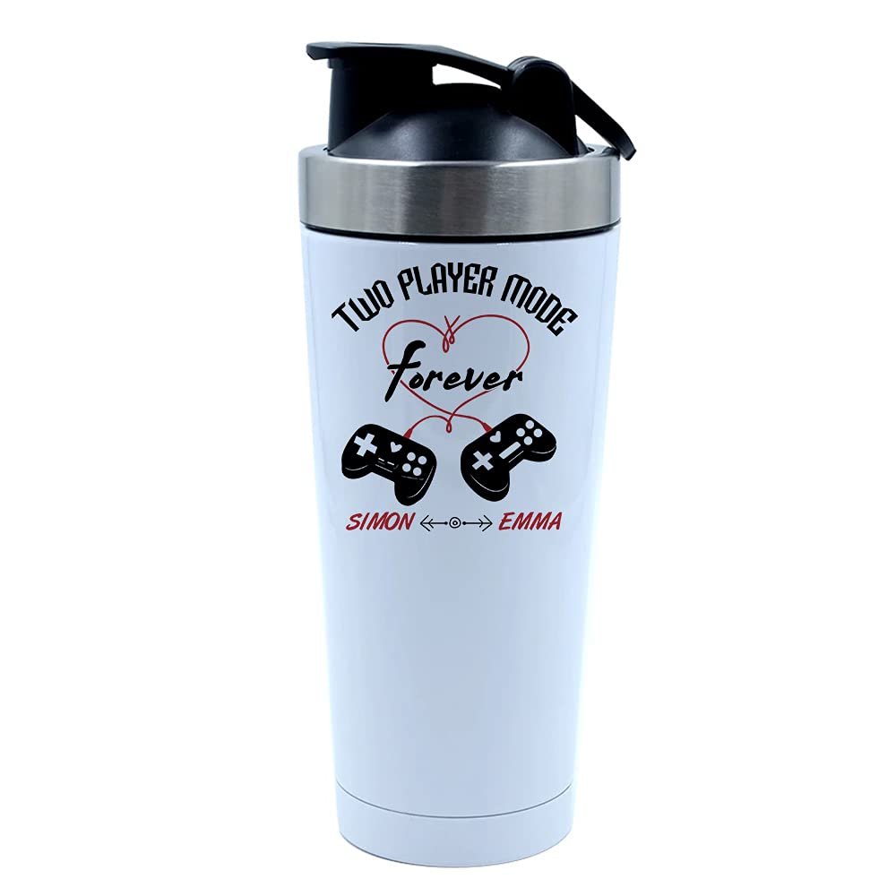 Getagift 500ml Aluminium Shaker Bottle for Supplement Shakes - Easy Clean, Durable Cup Personalised Any Name Heart Controller Forever Two-Player Valentine Mode. (White)
