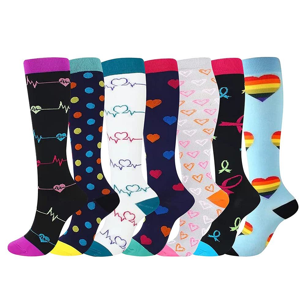 Compression Socks for Women and Men, 7 Pairs Medical Compression Stockings 15-20 mmHg Colorful Support Socks for Athletic, Varicose Veins, Running, Cycling, Hiking, Flight, Travel, Nursing, Pregnancy