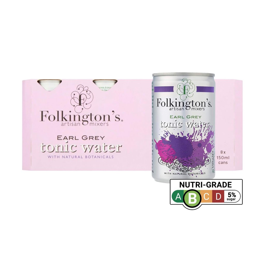 Folkington's Tonic Water, Earl Grey, 24 Cans, Mix with Gin Botanicals, Artisan Botanical Mixer, 24 x 150 ml