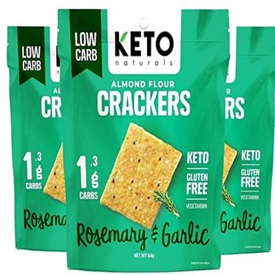 Keto Crackers (Rosemary & Garlic) low carb crackers, Keto Snacks, low carb snack. No added Sugar, high fibre & gluten free (3 x 64g Packs). Almond flour crackers, Keto snacks no carbs no sugar, paleo