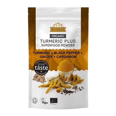 Ausha Organic Turmeric Powder with Black Pepper, Ginger, Cardamom - UK Certified Organic - Add to Make Turmeric Shot, Cooking, Latte, Smoothies - Maximum Absorption of Curcumin - 250g