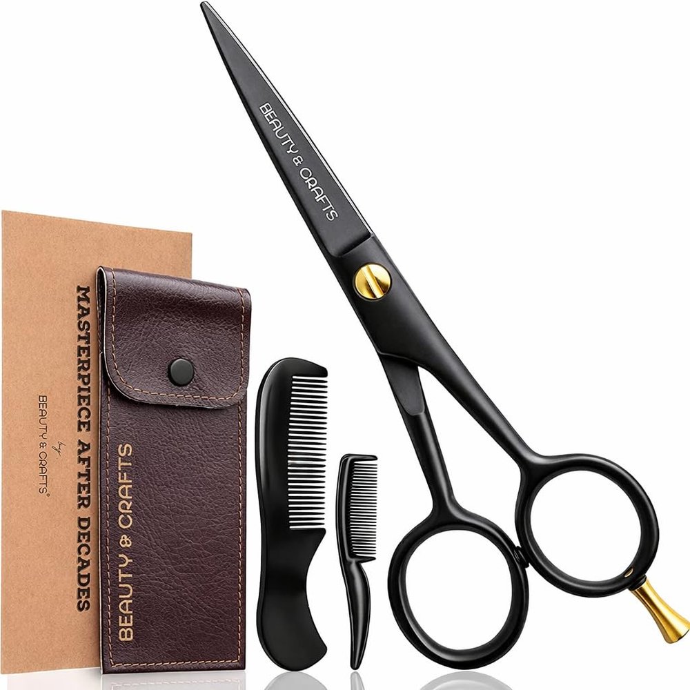 Beauty & Crafts- 5'' German Beard Mustache Scissor- 2 Mustache Combs for Facial Hair with Beautiful Pouch - Beard Trimming Scissors Use for Grooming, Cutting, and Styling of Mustache (Black)
