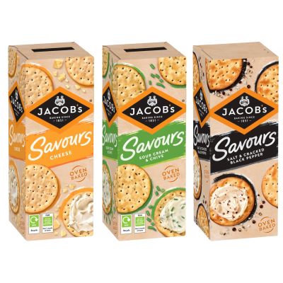 Multiple Jacob's Savours Variety Pack - Jacob's Savours Cheese Thins (150g), Jacob's Savours Sour Cream & Chive Thins (150g), and Jacob's Savours Sweet Chilli Thins (150g)