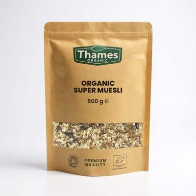 Organic Super Muesli - No Additives, No Preservatives, A Blend of Dried Fruits Nuts & Seeds, Vegan, GMO-Free, Certified Organic - Perfect for Breakfast - Thames Organic 500g