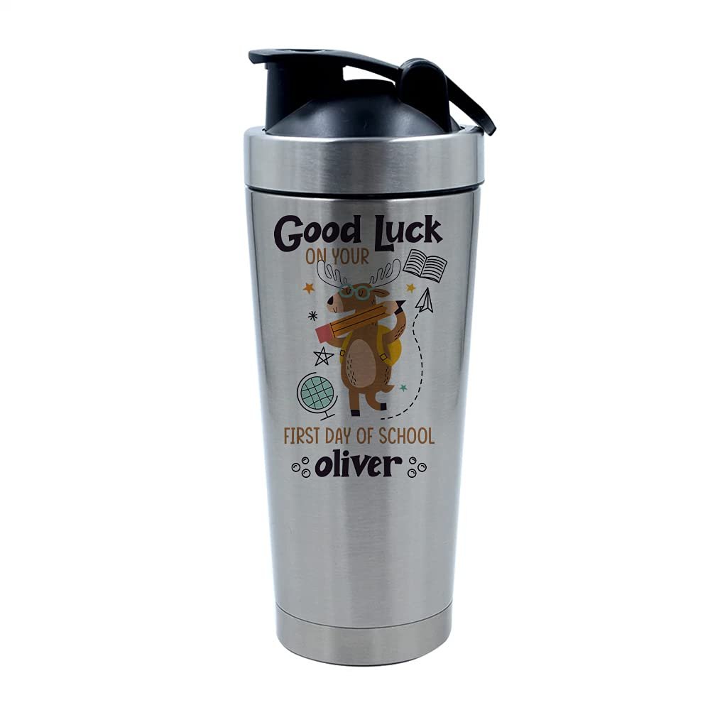 Getagift 500ml Aluminium Shaker Bottle for Supplement Shakes - Easy Clean, Durable Cup Personalised Good Luck On Your First Day of School ANY NAME. (Silver)