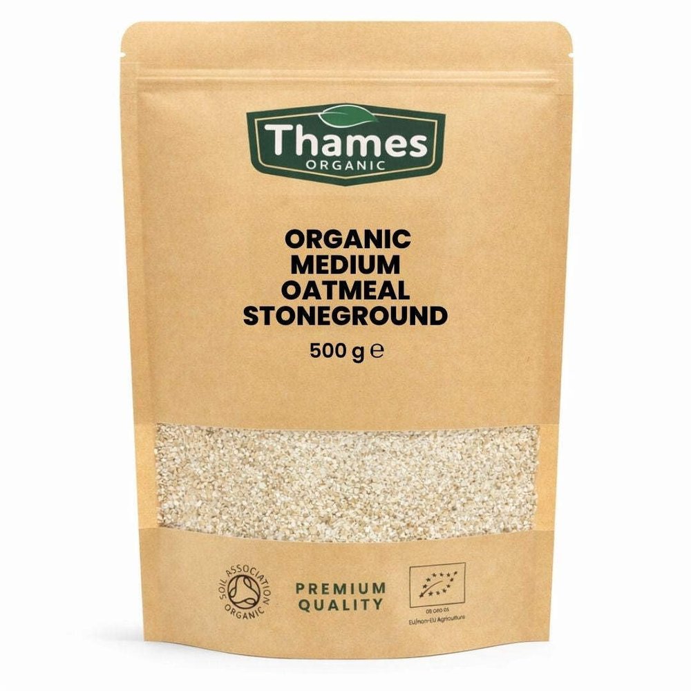 Organic Medium Oatmeal Stoneground - No Additives or Preservatives - High Fibre, Vegan, GMO-Free, Certified Organic - Stone Ground for Maximum Flavor and Nutrients - Thames Organic 500g