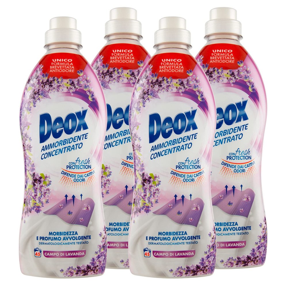 Deox - Concentrated Washing Machine Softener, Soft and Scented Clothes, with Fresh Protection Technology, Lavender Field Fragrance, 45 Washes x 4 Packs