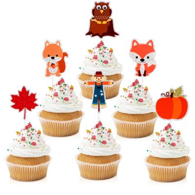 18pcs Happy Thanksgiving Cupcake Toppers - Autumn Festival Harvest Glitter Fox Scarecrow Cupcake Supplies - Boys Girls Birthday Party Dessert Picks Decorations