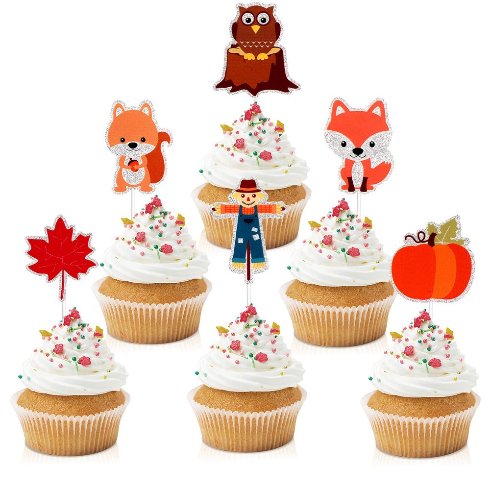 18pcs Happy Thanksgiving Cupcake Toppers - Autumn Festival Harvest Glitter Fox Scarecrow Cupcake Supplies - Boys Girls Birthday Party Dessert Picks Decorations