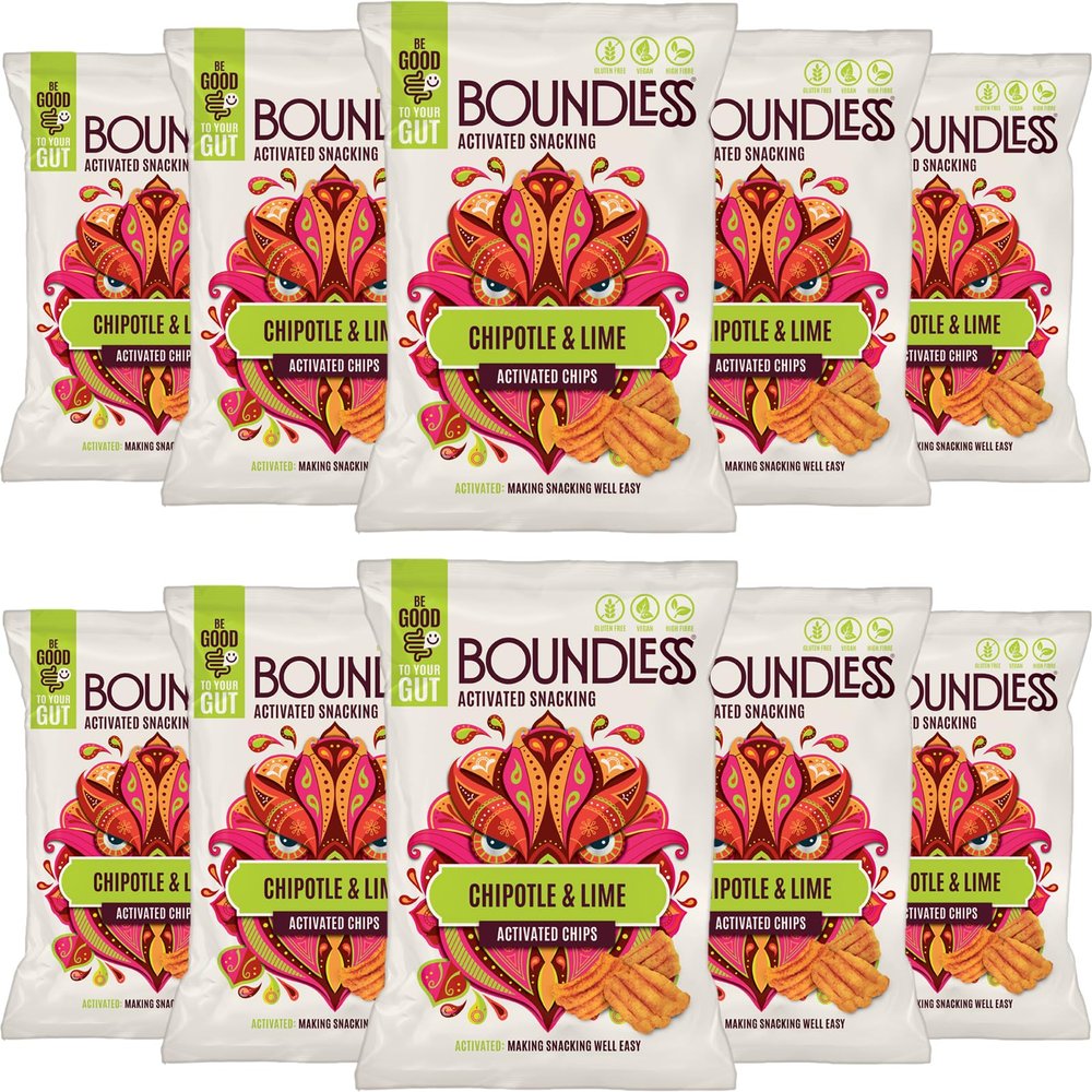 Boundless Activated Chips - Gut Health Vegan Crisps Multipack - Chipotle & Lime Crisps - Pea Protein Crisps - Gluten Free Snacks, Vegan Protein Snacks, Gut Friendly Healthy Crisps Share Bag, 10 x 80g