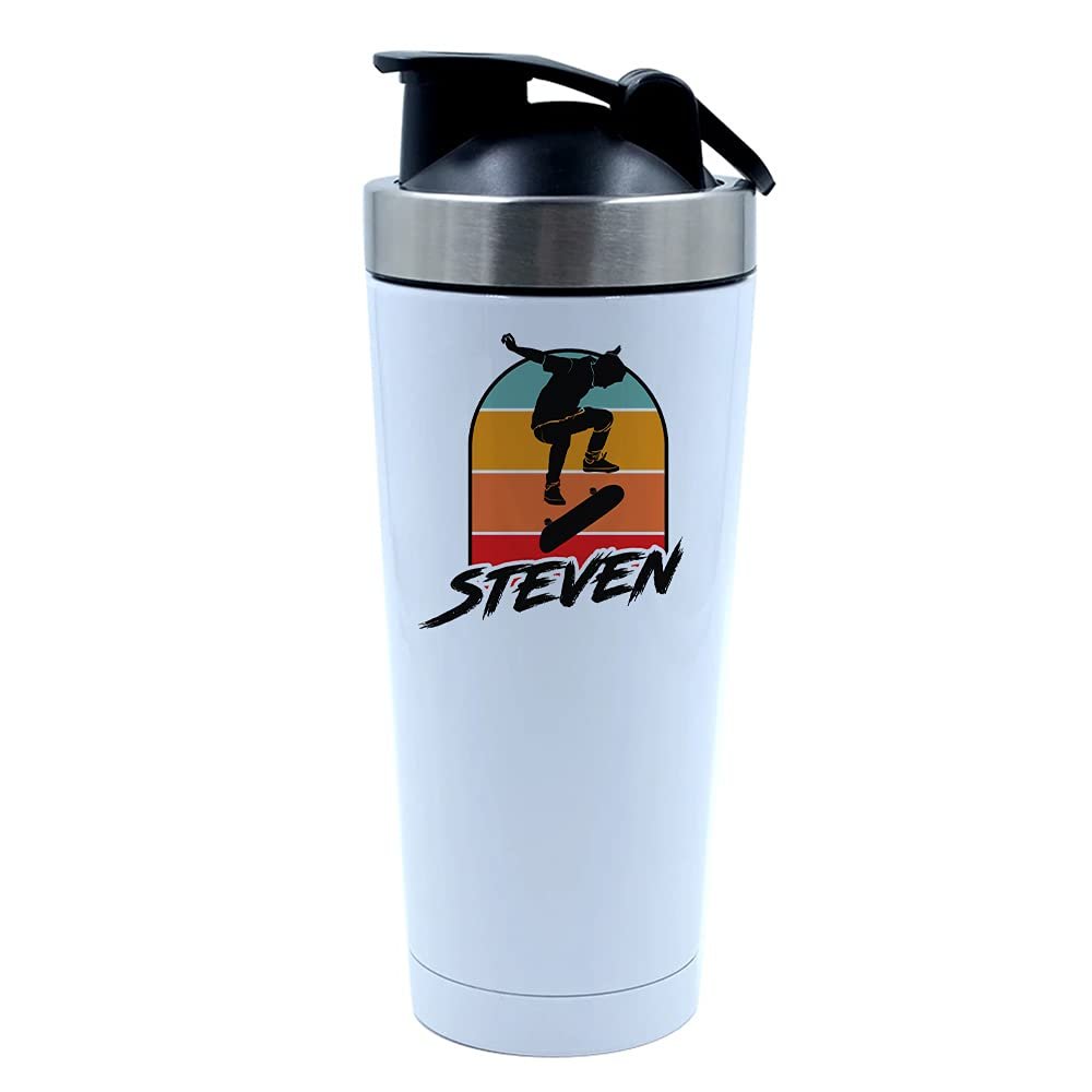 Getagift 500ml Aluminium Shaker Bottle for Supplement Shakes - Easy Clean, Durable Cup Personalised ANY NAME Skateboarding, Silhouette Skater, Skateboarder. (White)