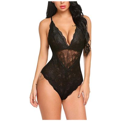 Women's Baby Dolls, Chemises & Negligees One Piece Sexy Lingerie Bodysuit Women V Neck-Black_S