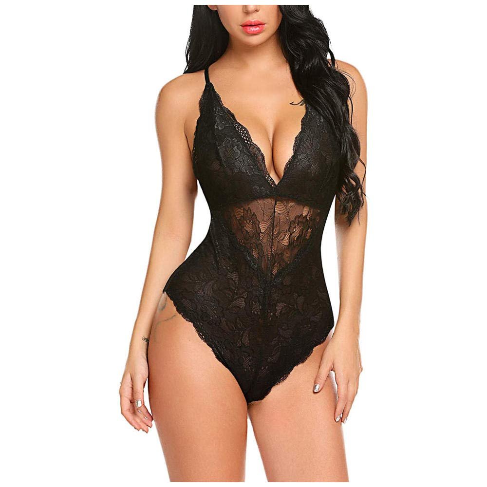 Women's Baby Dolls, Chemises & Negligees One Piece Sexy Lingerie Bodysuit Women V Neck-Black_S