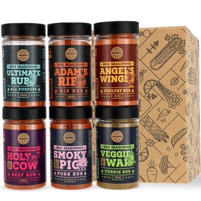 Classic Selection of Premium BBQ Seasonings - Holy Cow, Adams Rib, Angels Wings, Smoky Pig, Ultimate Rub & Veggie War BBQ Rubs | Pack of 6 | 100% Natural | Great Foodie Gift Set