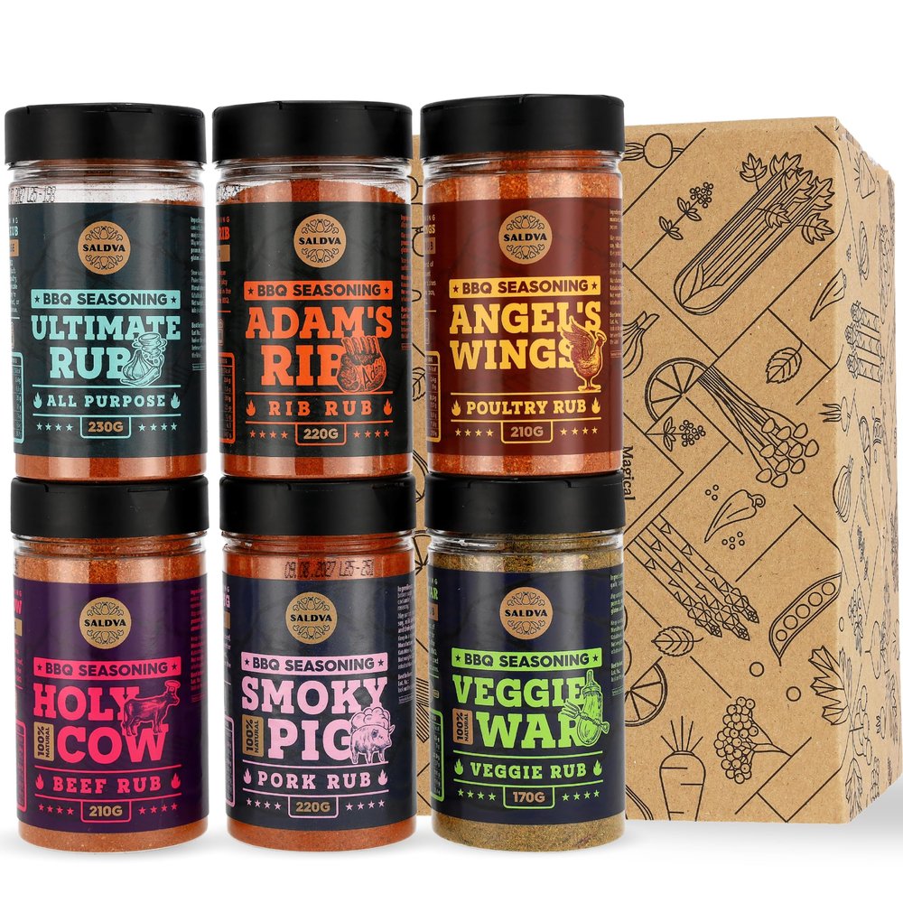 Classic Selection of Premium BBQ Seasonings - Holy Cow, Adams Rib, Angels Wings, Smoky Pig, Ultimate Rub & Veggie War BBQ Rubs | Pack of 6 | 100% Natural | Great Foodie Gift Set