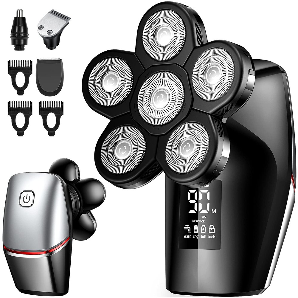 Bald Head Shaver,ATEEN Head Shavers for Men,Dry and Wet Electric Shaver Cordless Rechargeable,LED Display 4 in 1 Close Razor Grooming Kit Waterproof (Red)