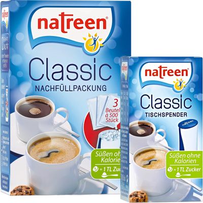 NATREEN Classic Table Dispenser 500 pcs. and Refill Pack 3x500 pcs. - The calorie-free sweetener for coffee and tea / Netherlands