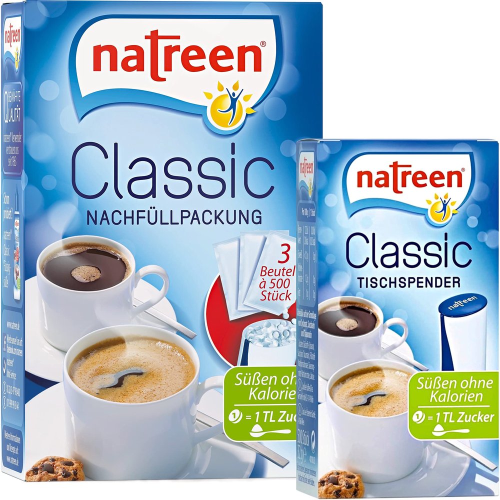 NATREEN Classic Table Dispenser 500 pcs. and Refill Pack 3x500 pcs. - The calorie-free sweetener for coffee and tea / Netherlands