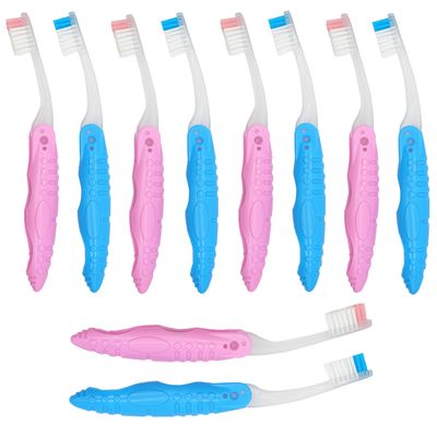 10-Pieces Pink & Blue Folding Portable Toothbrushes, Soft Bristles, BPA Free, Compact Design, Mini Portable Brush for Camping, Hiking and Outdoor Vacation