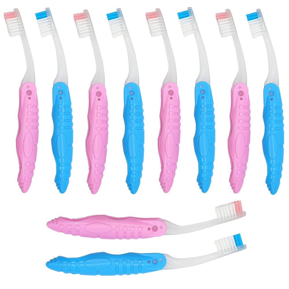 10-Pieces Pink & Blue Folding Portable Toothbrushes, Soft Bristles, BPA Free, Compact Design, Mini Portable Brush for Camping, Hiking and Outdoor Vacation