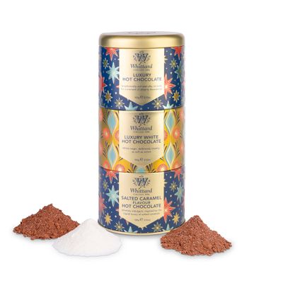 Whittard of Chelsea | Three Gift Hot Chocolate Tower Stacking Tin | Gift Set For Men & Women | Luxury White & Salted Caramel Flavoured Hot Chocolates | 3 x 100g Tins