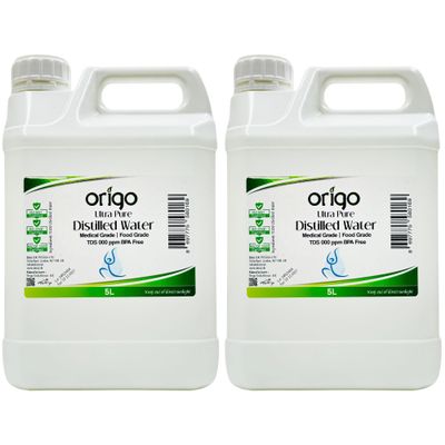 Origo Distilled Water 10L (2x5LT)- 100% Ultra Pure & Deionized - Demineralized Water for Multi-Purpose Use - TDS 0 ppm Guaranteed - Perfect for Cleaning & Appliances