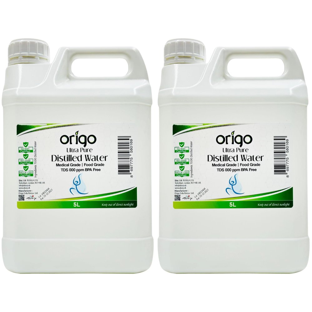 Origo Distilled Water 10L (2x5LT)- 100% Ultra Pure & Deionized - Demineralized Water for Multi-Purpose Use - TDS 0 ppm Guaranteed - Perfect for Cleaning & Appliances