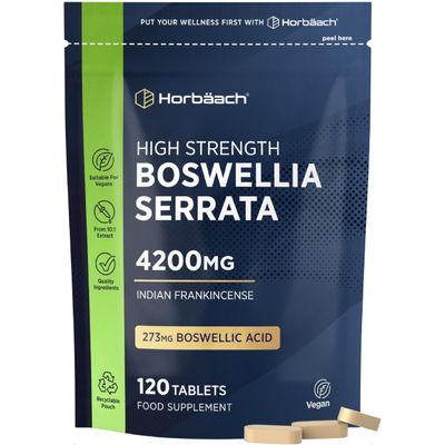 Boswellia Serrata Extract 4200mg | 65% (273mg) Boswellic Acid | 120 Vegan Tablets | Indian Frankincense Supplement | by Horbaach
