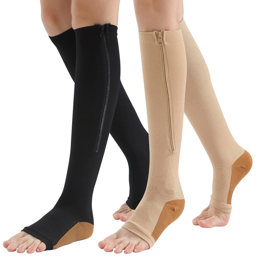 AIEOE 2/3 Pairs Zipper Compression Socks Open Toe Socks Knee-High Zip Leg Support Stocks for Varicose Vein Edema