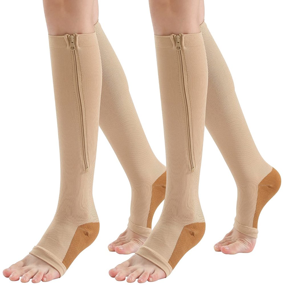 AIEOE 2/3 Pairs Zipper Compression Socks Open Toe Socks Knee-High Zip Leg Support Stocks for Varicose Vein Edema