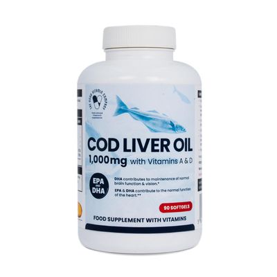 Cod Liver Oil 1000mg: 90 Softgels: High Strength Dietary Supplement with Omega-3 Fish Oil, Vitamins A & D with DHA and EPA. Supports Heart Health, Immune System, Brain, Vision, Joints