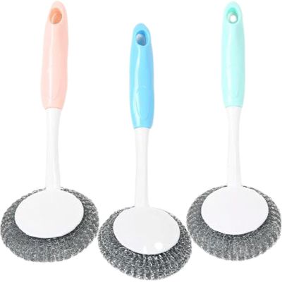 Pan Brush Stainless Steel Sponge Scourer Wire Ball Brush Wash Pot with Handle Brush Washing Brush for Pans Cleaning Brush with Handle Wire Brush for Cleaning Pots and Pans in the Kitchen