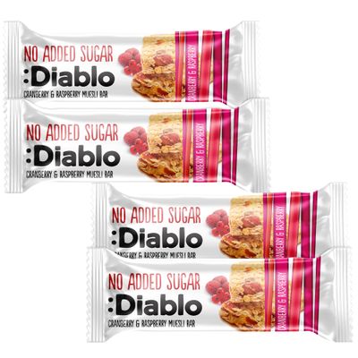 Diablo Cranberry & Raspberry Muesli Bar No Added Sugar Healthy Snacks Breakfast Bar Sweetened with Maltitol, Low Sugar Snacks Food Great for Gifting, Work, School, or Travel 30g Each (Pack of 4)