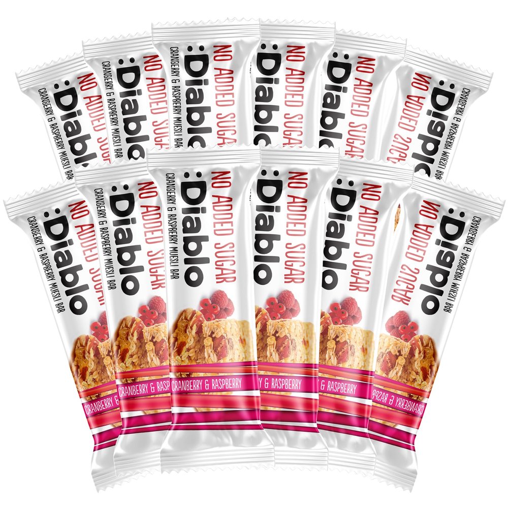 Diablo Cranberry & Raspberry Muesli Bar No Added Sugar Healthy Snacks Breakfast Bar Sweetened with Maltitol, Low Sugar Snacks Food Great for Gifting, Work, School, or Travel 30g Each (Pack of 12)
