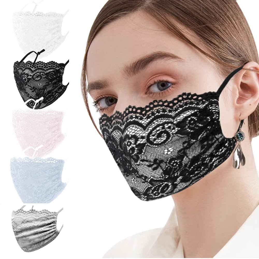 5PCS Women Cute Face_Protection_Mask Adult Girls With Design Floral Print Adjustable Earloops Cotton Fabric Washable Reusable Skin Care Comfortable Breathable Antidust Outdoor Sports (Lace)