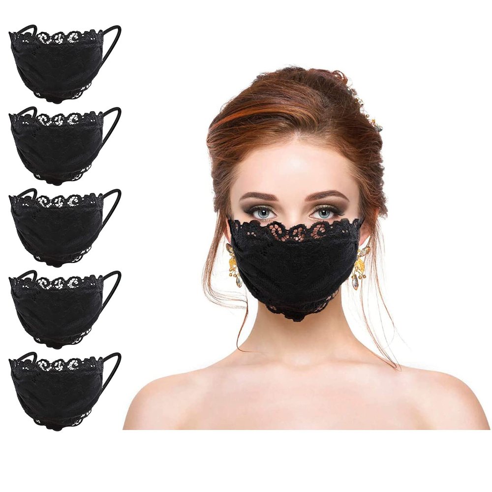 Geduochn 5PC Women Girls Lace Black_Mask With Flower Embroidery Adjustable Earloops Breathable 2 Layers For Beauty Skin Care