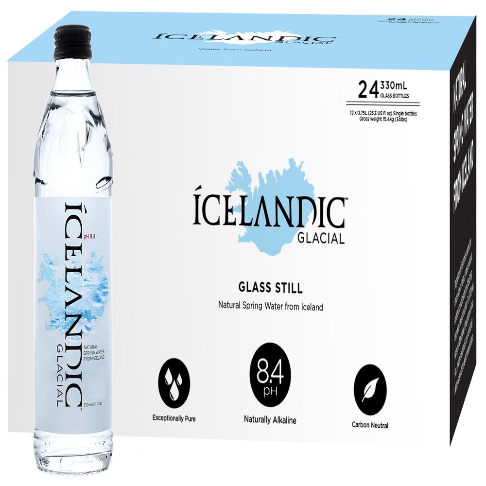 Icelandic Glacial Premium Still Water 330ml Glass Bottles x 24 Per Pack  Alkaline/Low PH, Recycled Packaging, BPA Free, Carbon Neutral from Icelandic Spring. Low TDS and Mineral Content