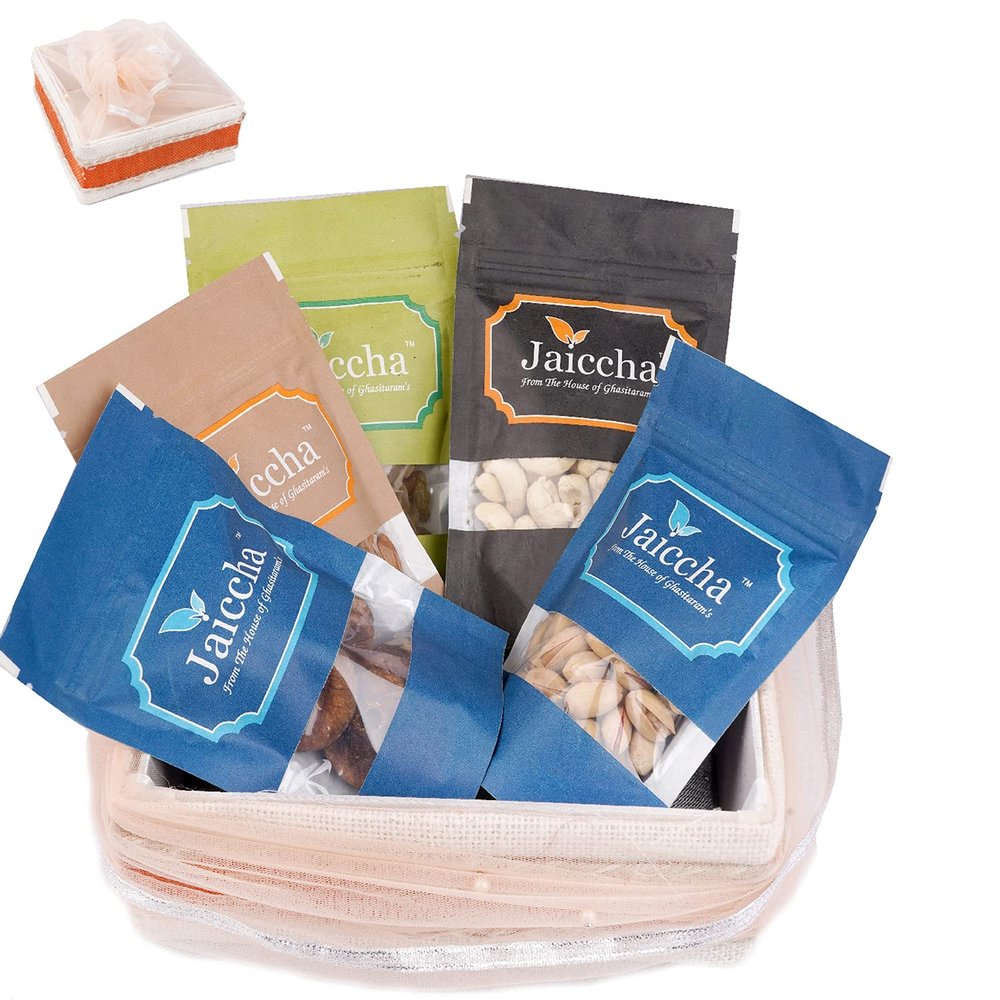 Jaiccha Ghasitaram Dryfruits Hamper-Shaded Jute Potli with 5 Dryfruits 500 GMS |Gift for Diwali,Holi,Rakhi,Valentine,Christmas,Birthday,Anniversary,Her,Him|