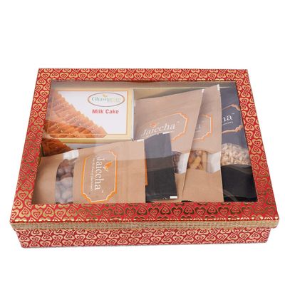 Jaiccha Ghasitaram Basket Hamper-Hamper Box 6 Goodies with Milk Cake |Gift for Diwali,Holi,Rakhi,Valentine,Christmas,Birthday,Anniversary,Her,Him|